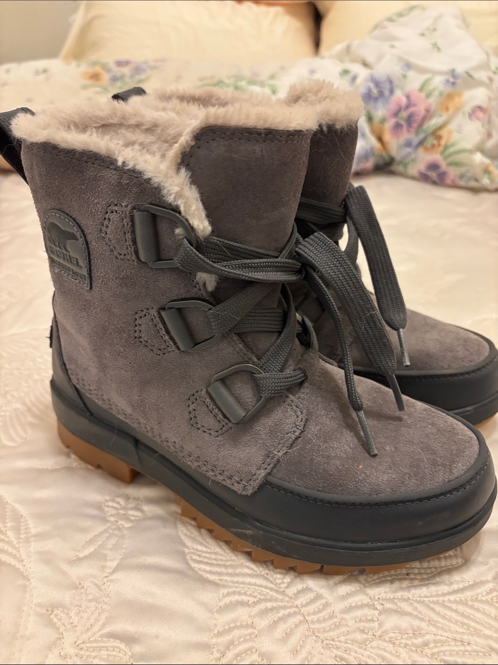 Sorel Grey Suede Lace-Up Shearling-Trim Winter Boots